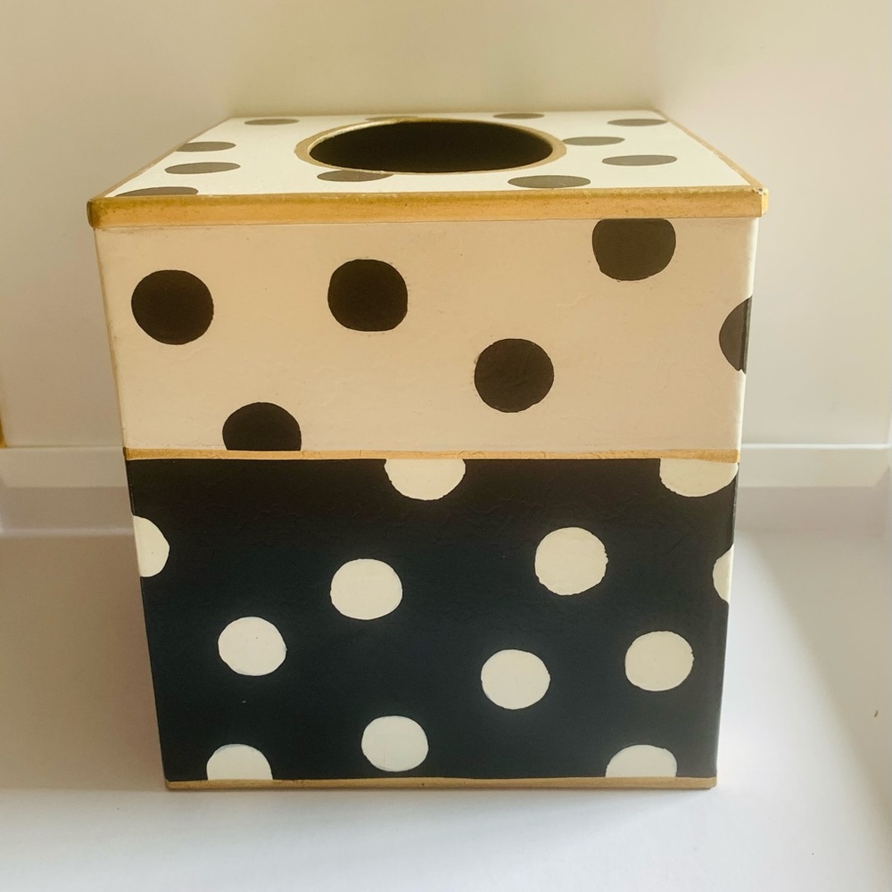 Mackenzie Childs Polka Dot Metal Tissue Box Cover Black & Cream Gold Trim